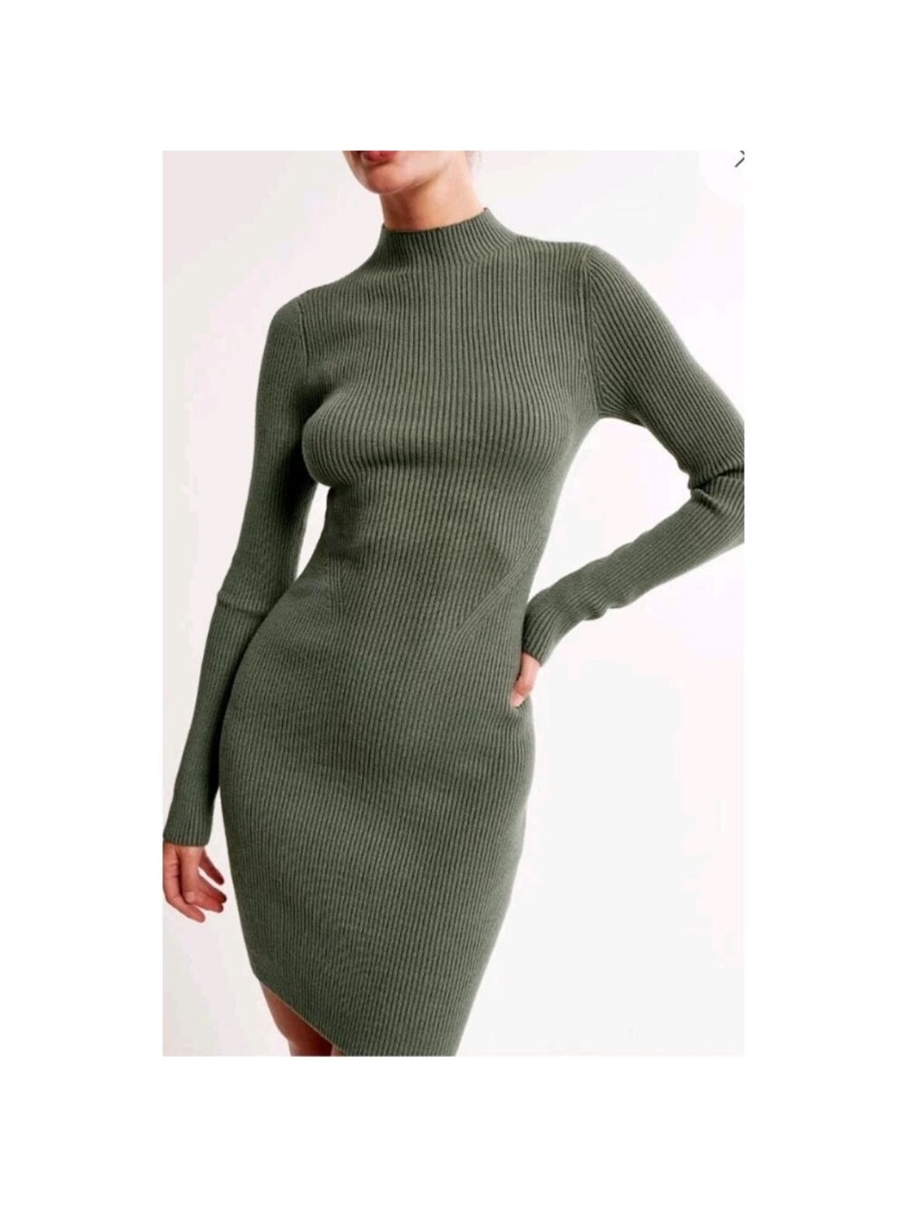 Abercrombie & Fitch Ribbed Long-Sleeve Knit Mock Neck Sweater Dress Olive Green